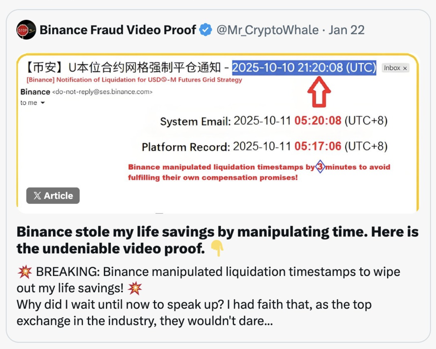 Screenshot showing evidence of Binance manipulating liquidation timestamps